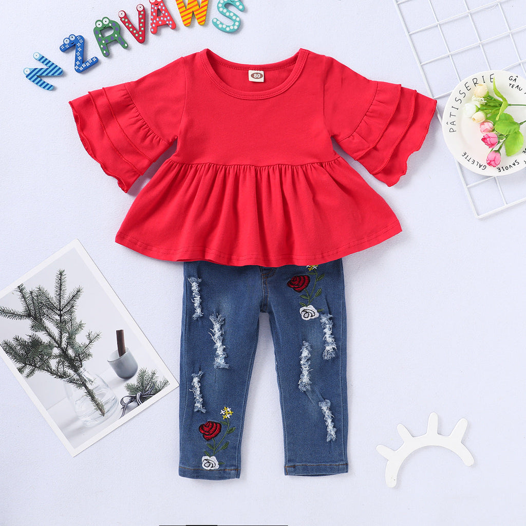 2 Pieces Set Baby Kid Girls Solid Color Tops And Flower Embroidered Ripped Pants