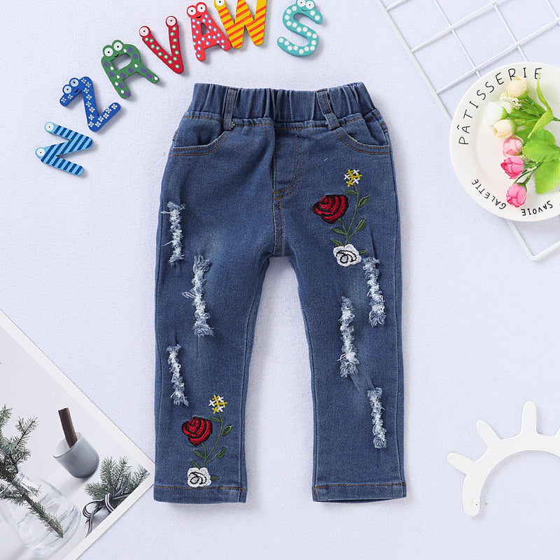 2 Pieces Set Baby Kid Girls Solid Color Tops And Flower Embroidered Ripped Pants