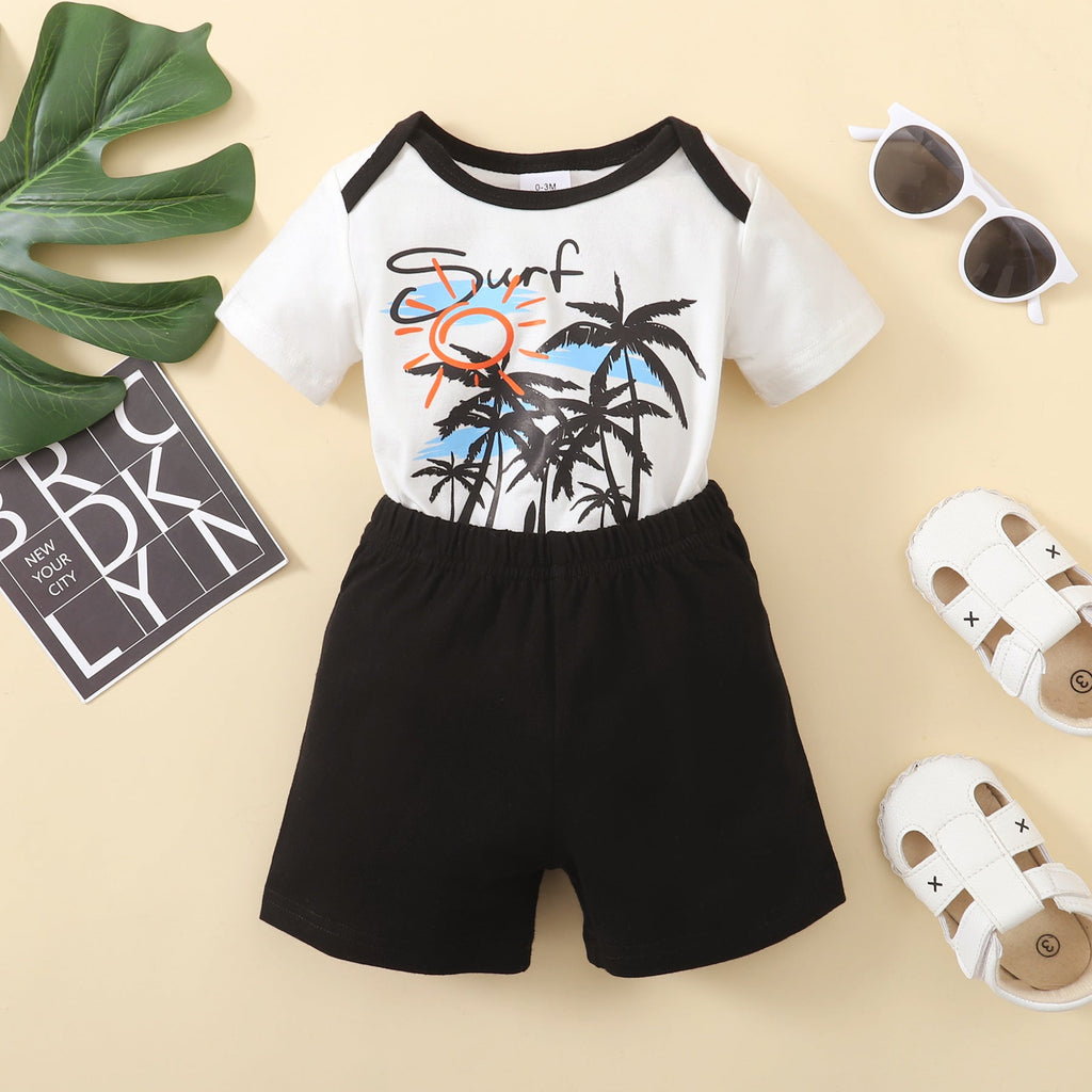2 Pieces Set Baby Boys Tropical Rompers And Solid Color Shorts