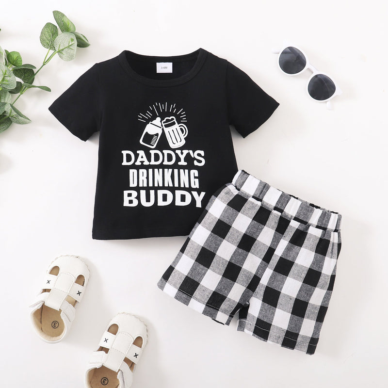 2 Pieces Set Baby Boys Letters Print T-Shirts And Checked Shorts
