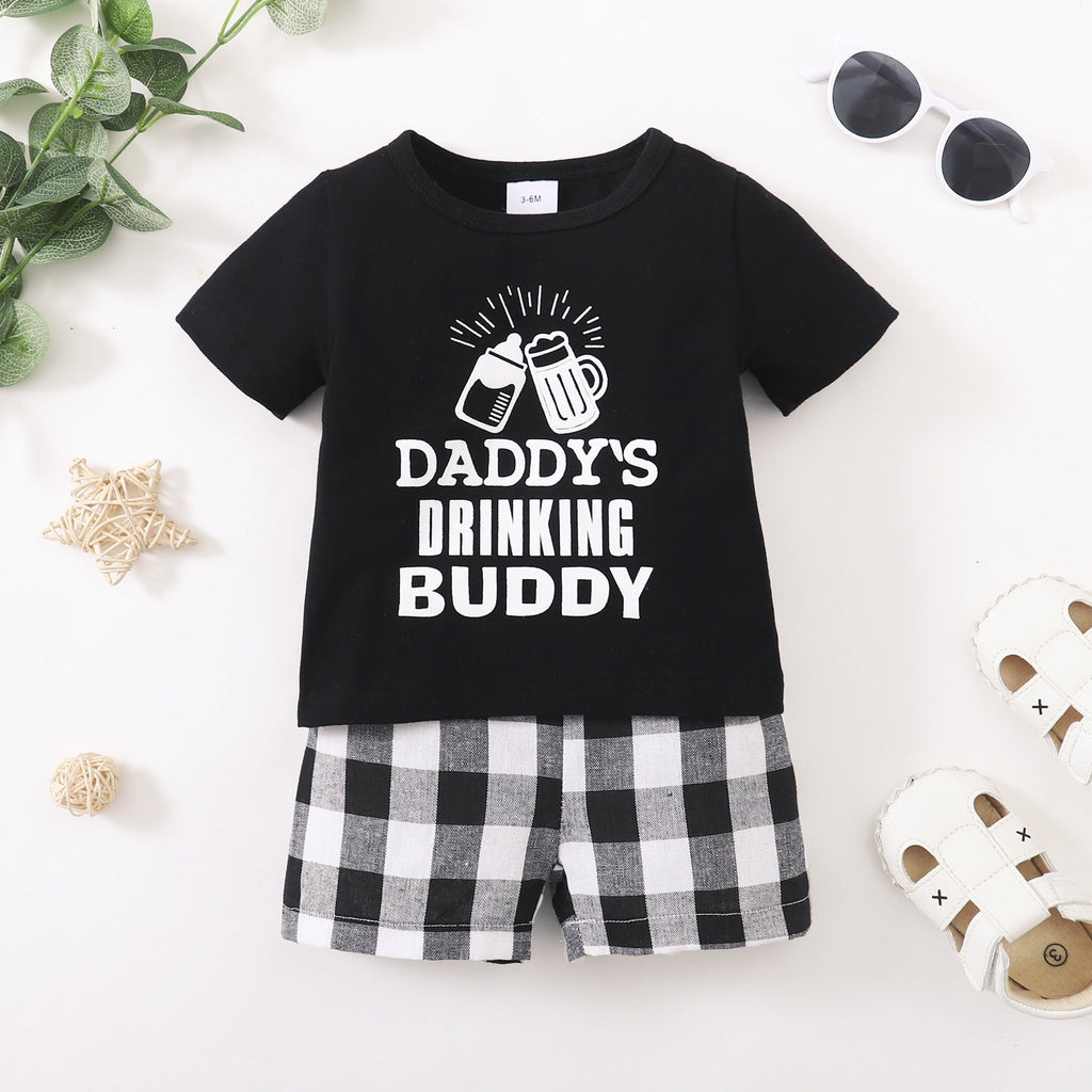 2 Pieces Set Baby Boys Letters Print T-Shirts And Checked Shorts