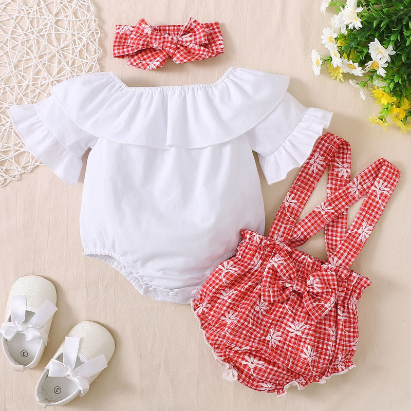3 Pieces Set Baby Girls Solid Color Rompers And Flower Checked Rompers And Bow Headwear
