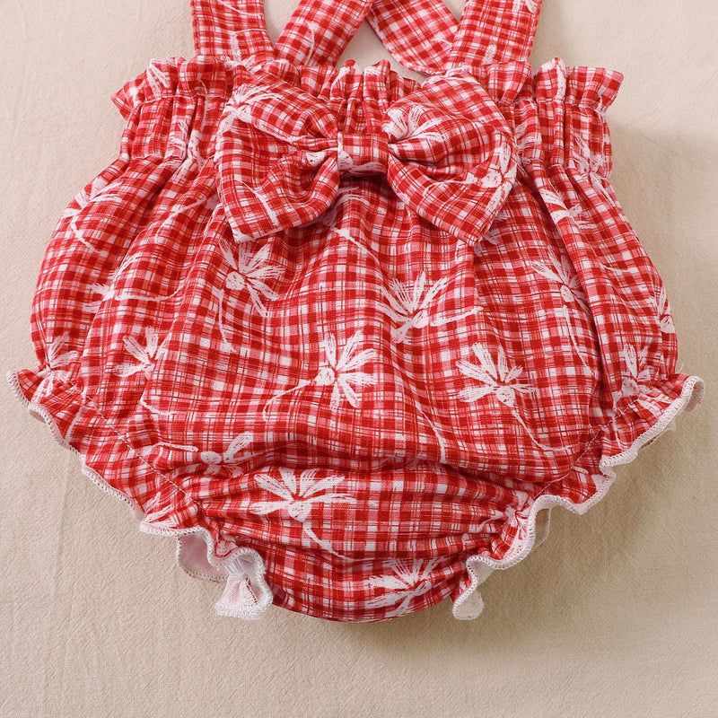 3 Pieces Set Baby Girls Solid Color Rompers And Flower Checked Rompers And Bow Headwear