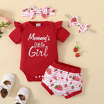 3 Pieces Set Baby Girls Letters Rompers Fruit Print Shorts And Bow Headwear