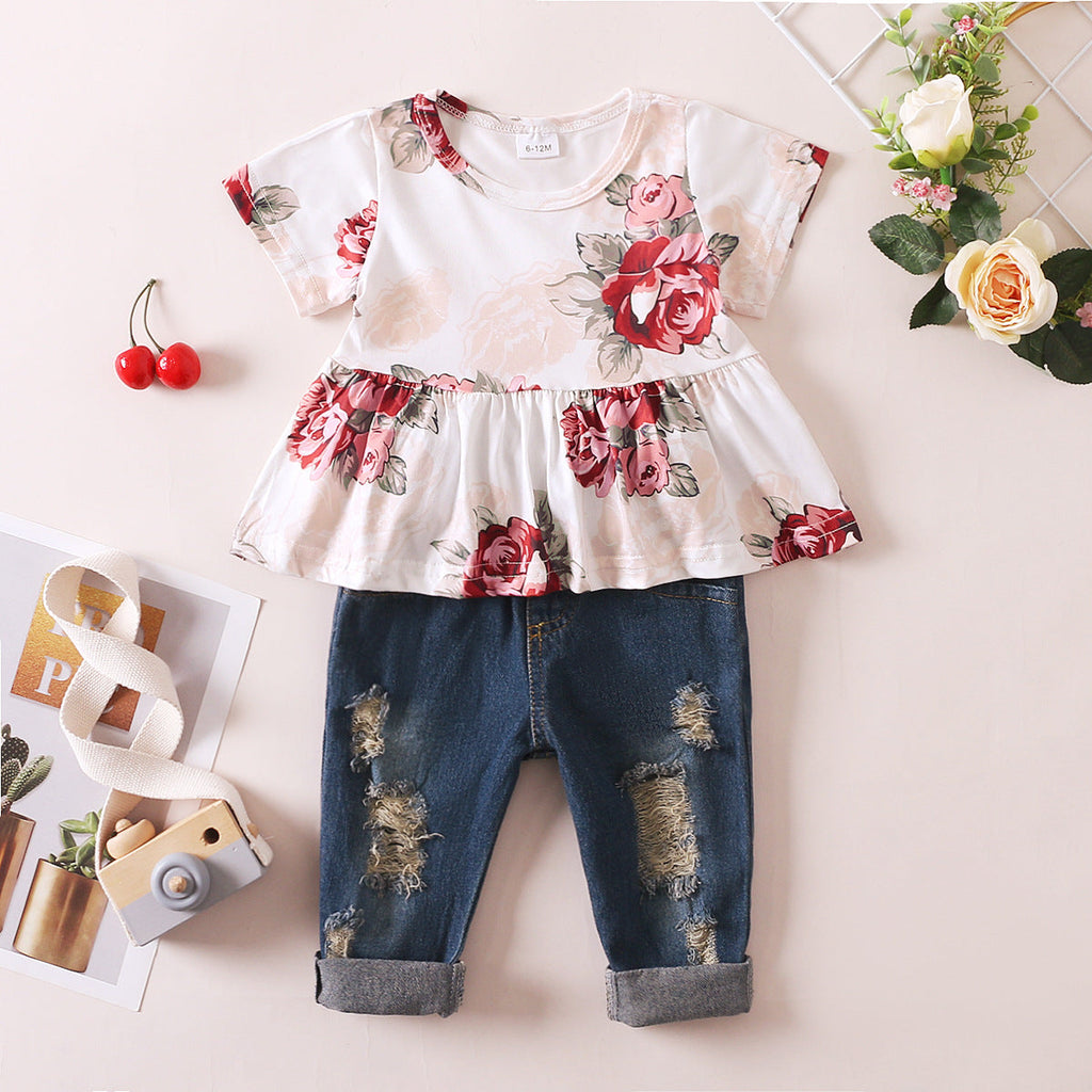 2 Pieces Set Baby Kid Girls Flower Print Tops And Ripped Pants