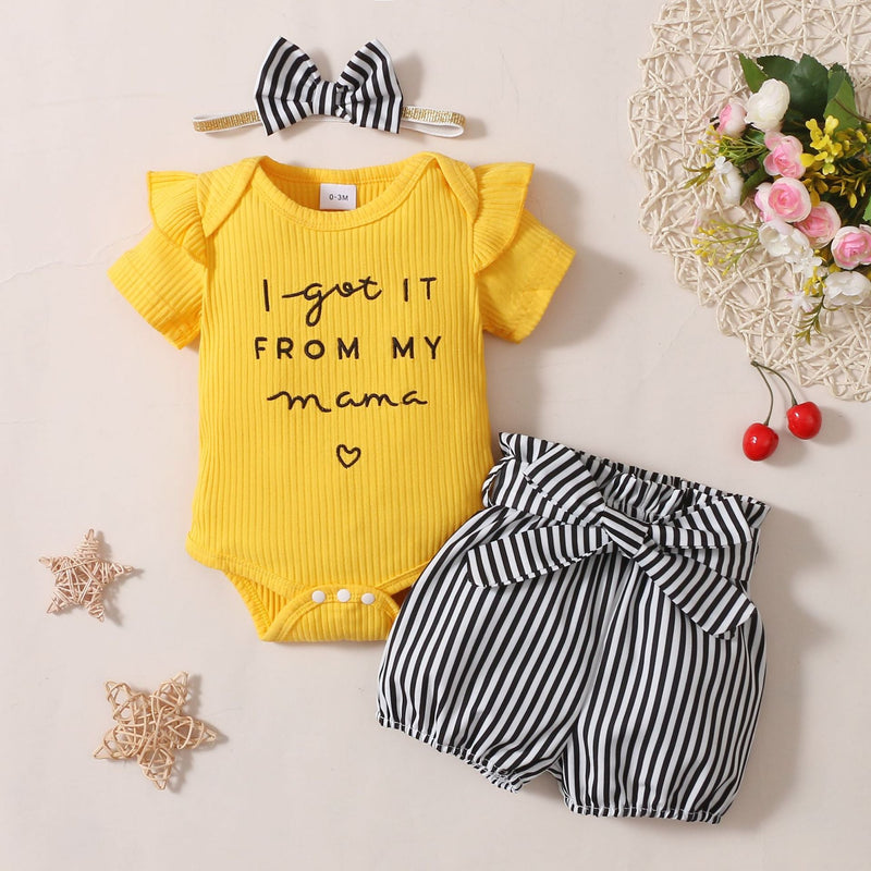 3 Pieces Set Baby Girls Letters Rompers Striped Shorts And Bow Headwear