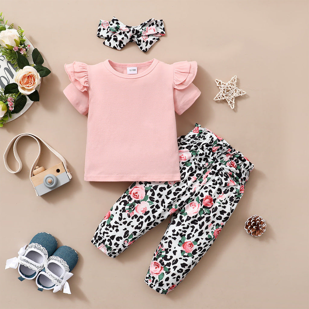 2 Pieces Set Baby Kid Girls Solid Color Print Tops And Flower Pants