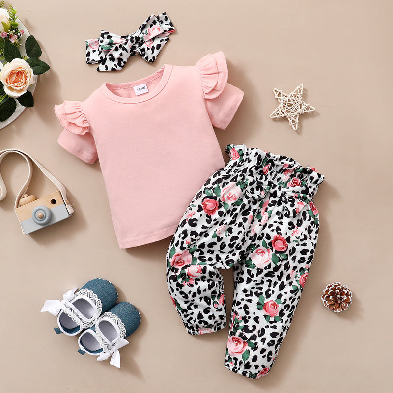 2 Pieces Set Baby Kid Girls Solid Color Print Tops And Flower Pants