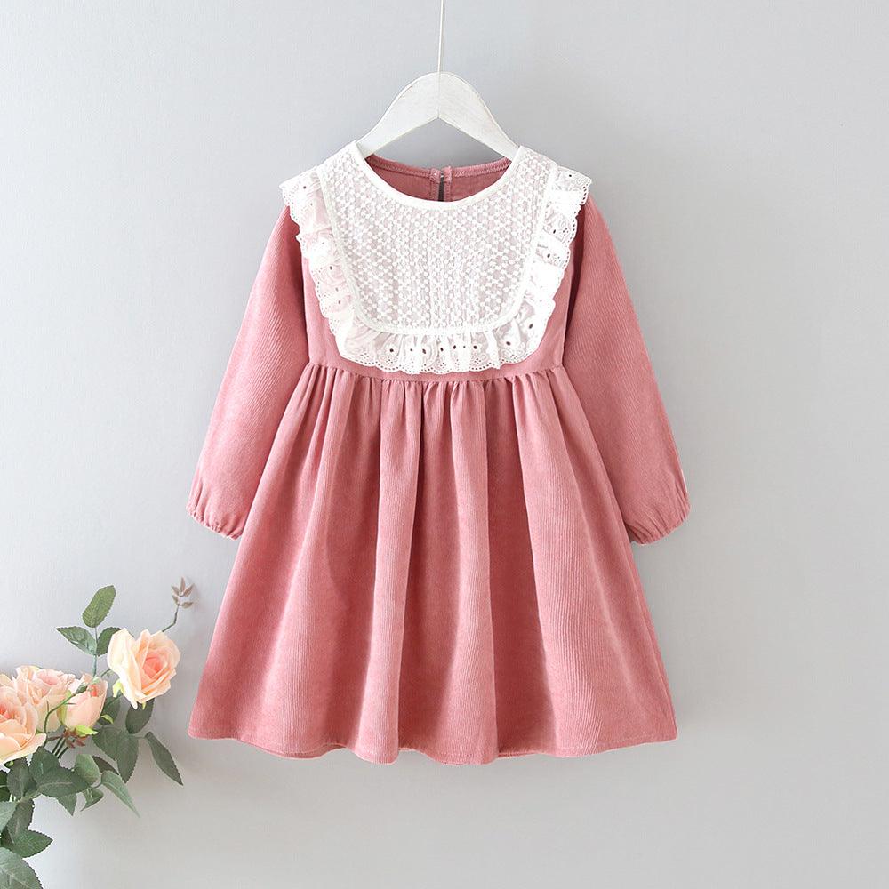 Toddler Kids Corduroy Round Neck Lace Dress - PrettyKid