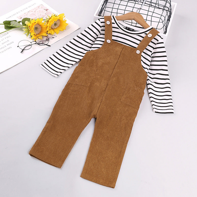 Toddler Kids Striped Long Sleeve T-shirt Solid Color Suspender Suit - PrettyKid