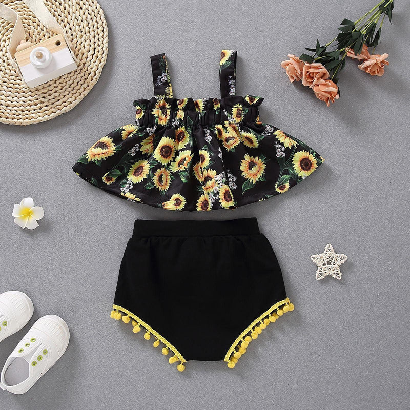 Toddler Girls Sunflower Print Suspender Skirt Top Bow Shorts Set - PrettyKid