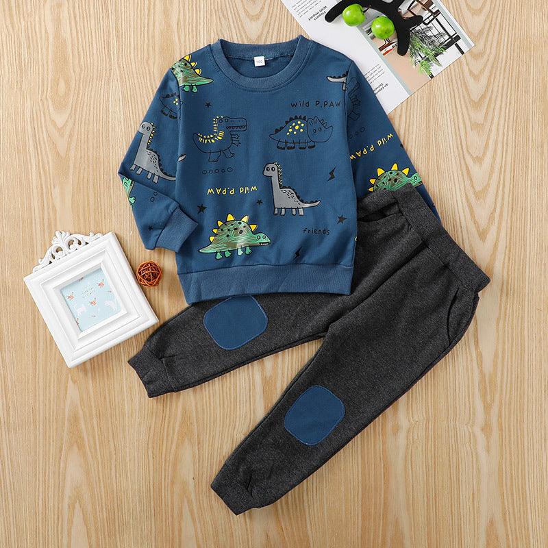 Toddler Kids Boys' Solid Color Cartoon Dinosaur Print Casual Sweater Set - PrettyKid