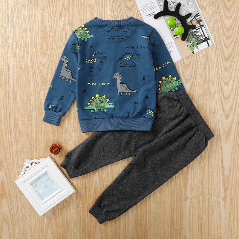 Toddler Kids Boys' Solid Color Cartoon Dinosaur Print Casual Sweater Set - PrettyKid