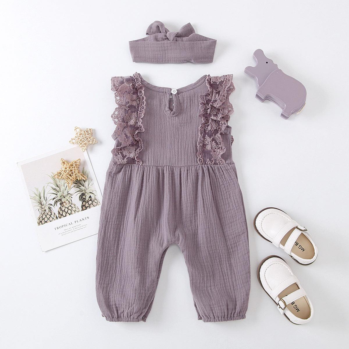 Baby Girls' Solid Lace Sleeveless Jumpsuit - PrettyKid