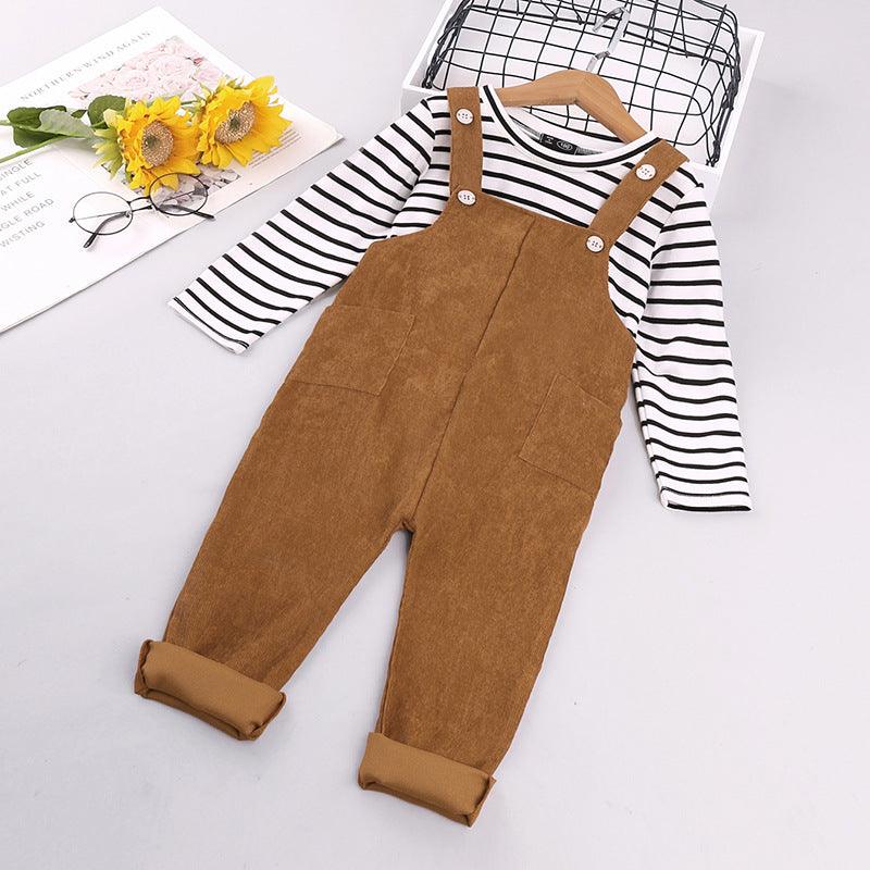 Toddler Kids Striped Long Sleeve T-shirt Solid Color Suspender Suit - PrettyKid