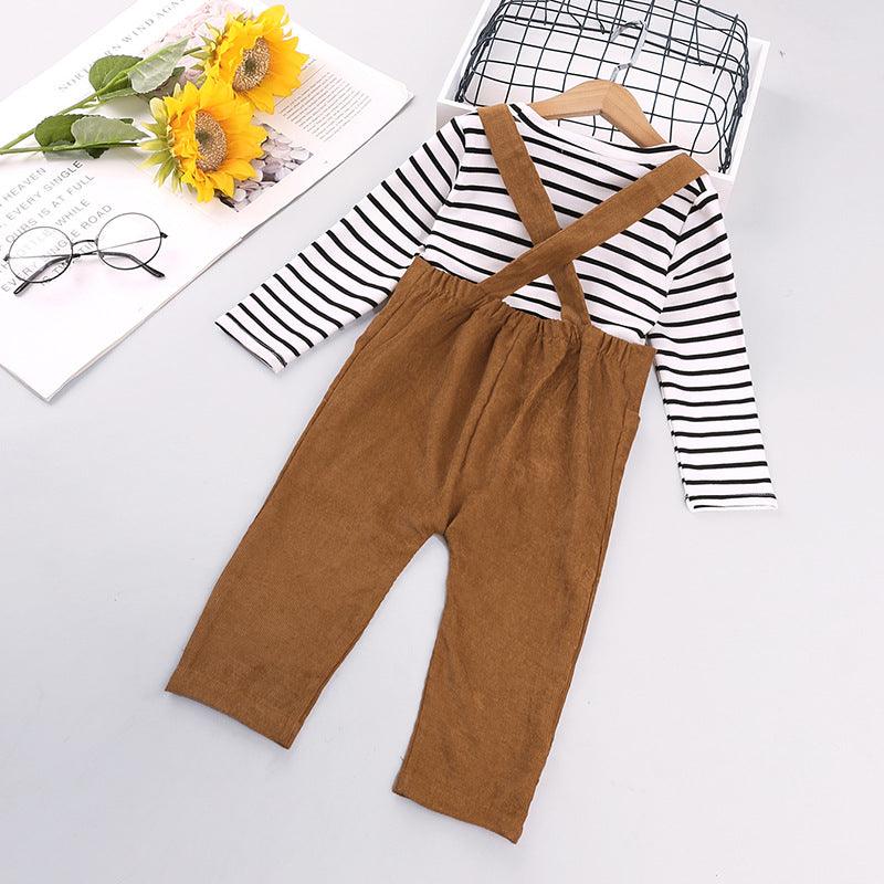 Toddler Kids Striped Long Sleeve T-shirt Solid Color Suspender Suit - PrettyKid