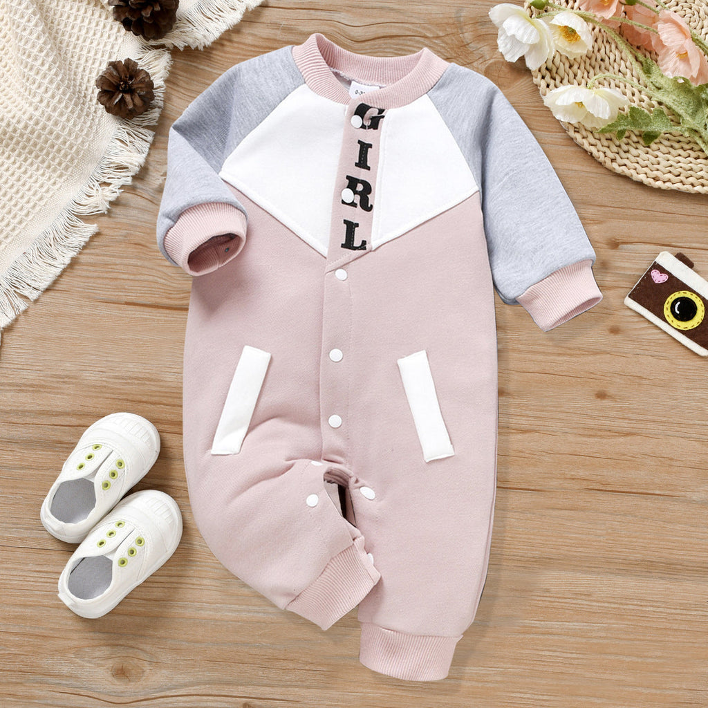 Baby Boys And Girls Long Sleeve Color Blocking Letter Printing Wholesale Baby Onesies - PrettyKid
