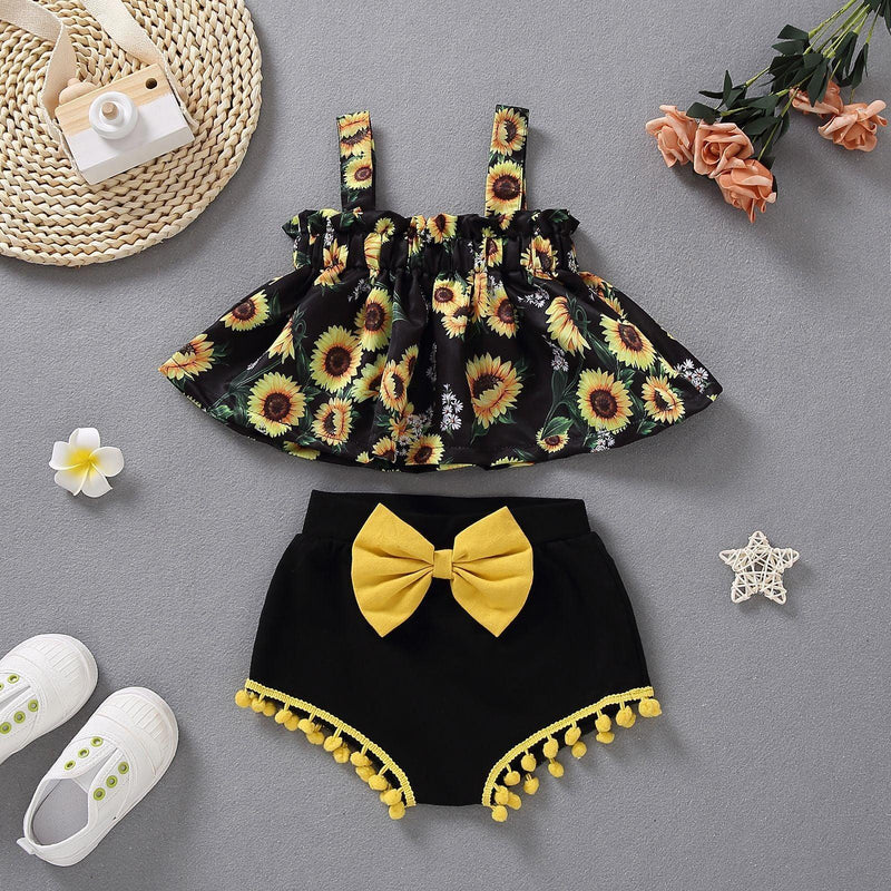 Toddler Girls Sunflower Print Suspender Skirt Top Bow Shorts Set - PrettyKid