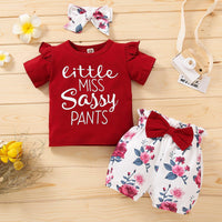 Little Girl Letter Printed Short Sleeve Top Bow Shorts 3pcs Set - PrettyKid