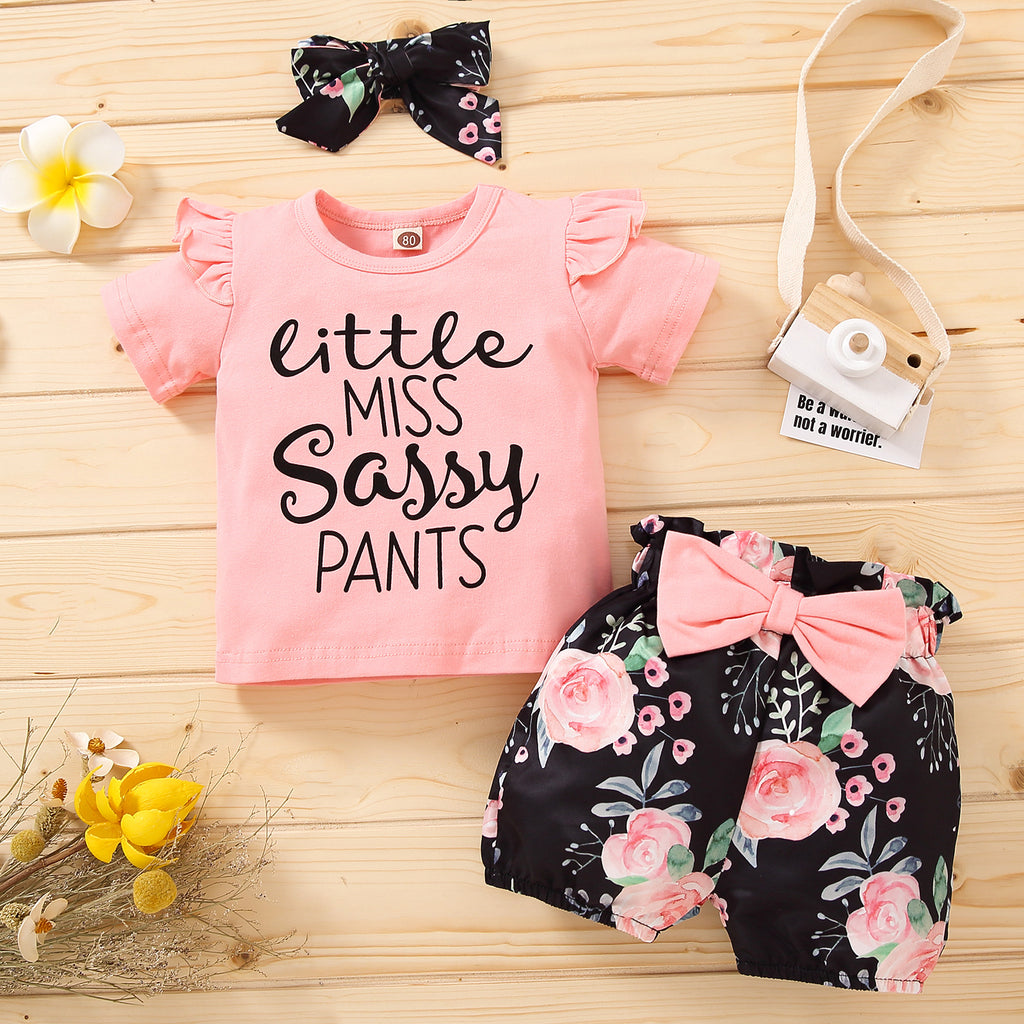 Little Girl Letter Printed Short Sleeve Top Bow Shorts 3pcs Set - PrettyKid