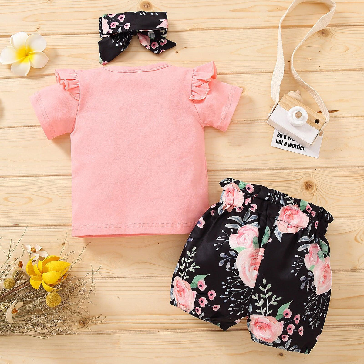 Little Girl Letter Printed Short Sleeve Top Bow Shorts 3pcs Set - PrettyKid