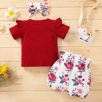 Little Girl Letter Printed Short Sleeve Top Bow Shorts 3pcs Set - PrettyKid