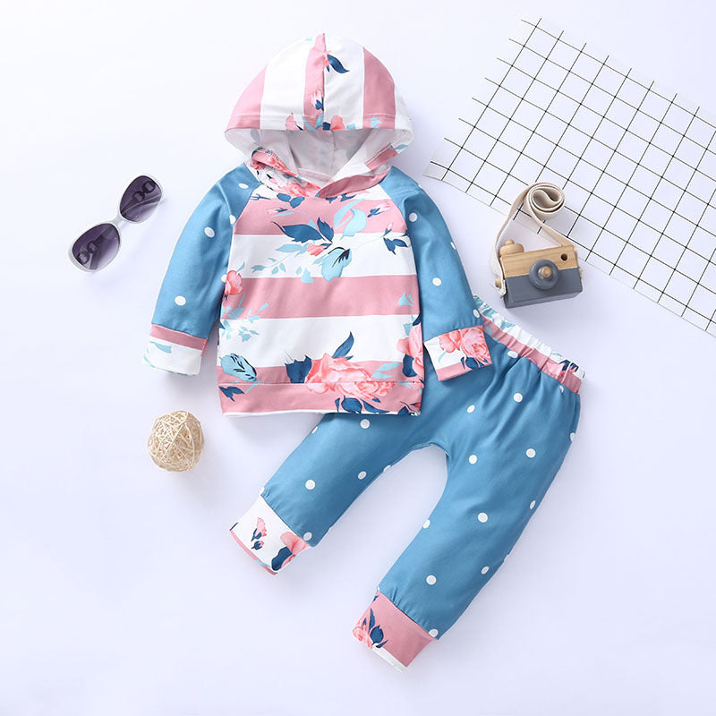 Toddler Girls Striped Flower Print Hoodie Dot Pants Set - PrettyKid