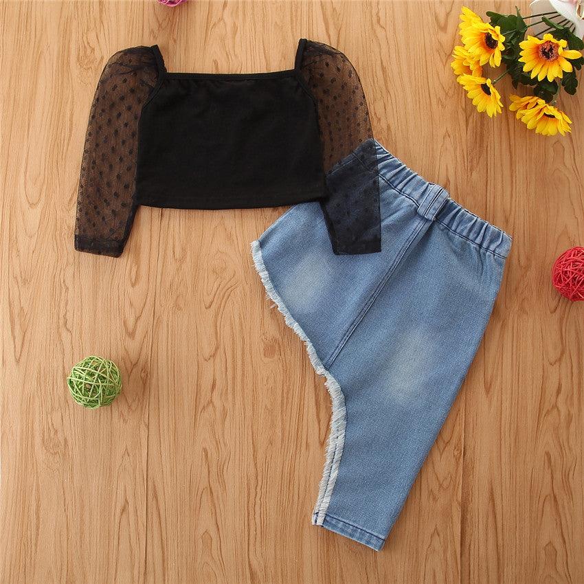 Toddler Kids Girls Black Long Sleeved Top Irregular Denim Skirt Suit Children's Boutique Clothing Vendors - PrettyKid