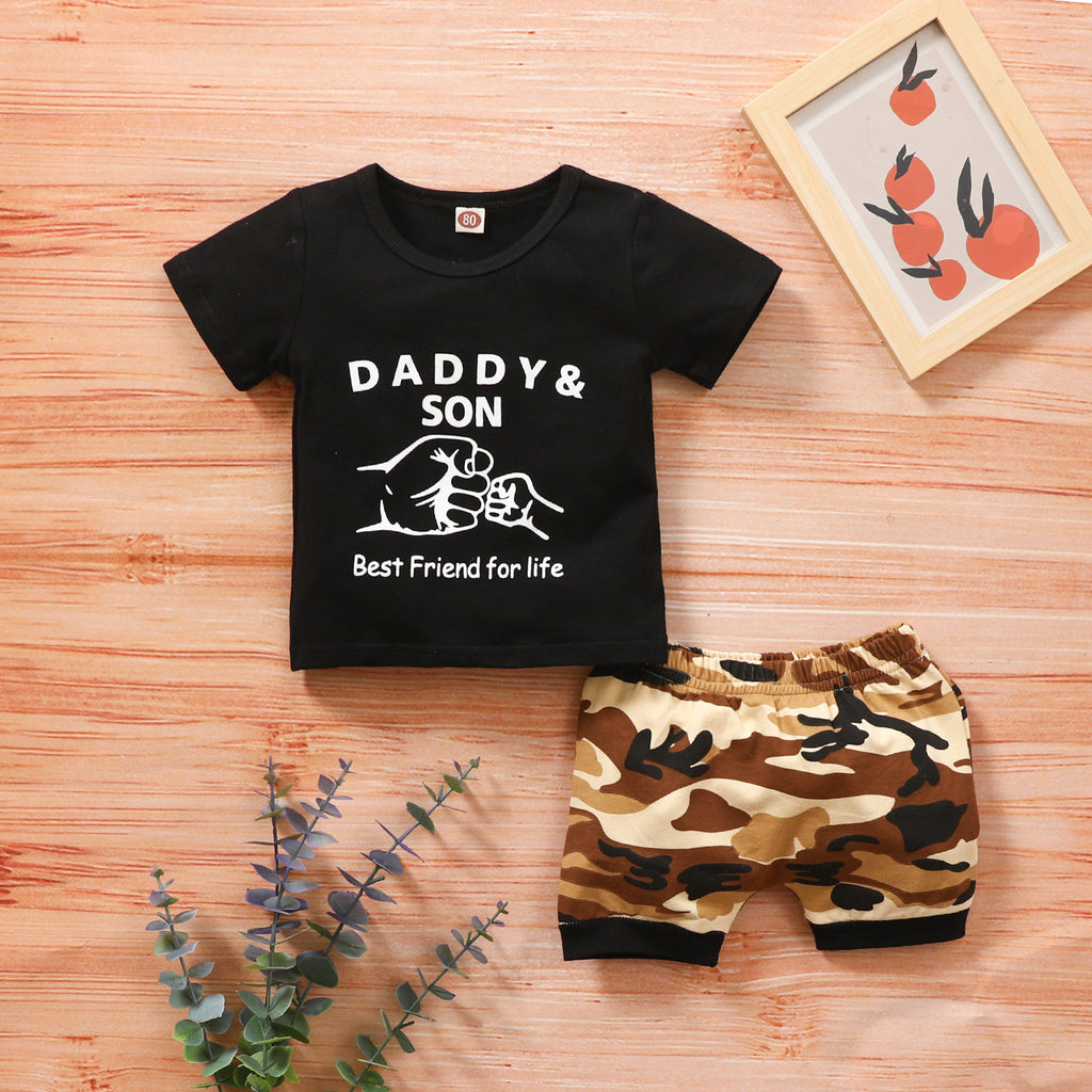 Toddler Boys Daddy & Son Fist Print Short Sleeve T-shirt Camouflage Shorts Set - PrettyKid
