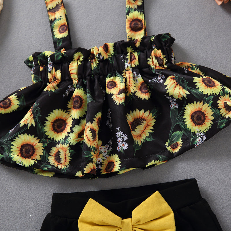 Toddler Girls Sunflower Print Suspender Skirt Top Bow Shorts Set - PrettyKid