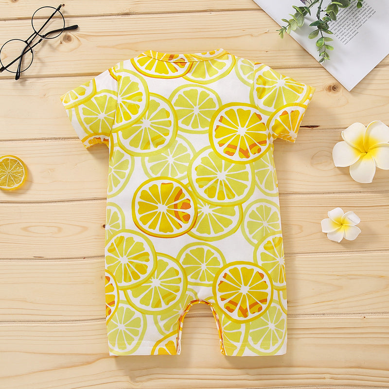Baby Boys Cartoon Fruit Lemon Print Short Sleeve Romper Jumpsuit - PrettyKid