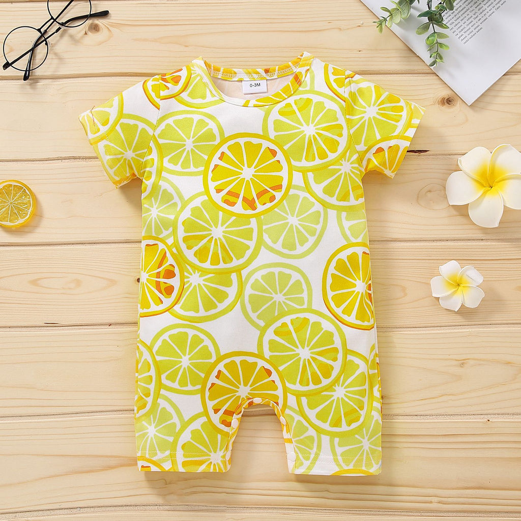 Baby Boys Cartoon Fruit Lemon Print Short Sleeve Romper Jumpsuit - PrettyKid