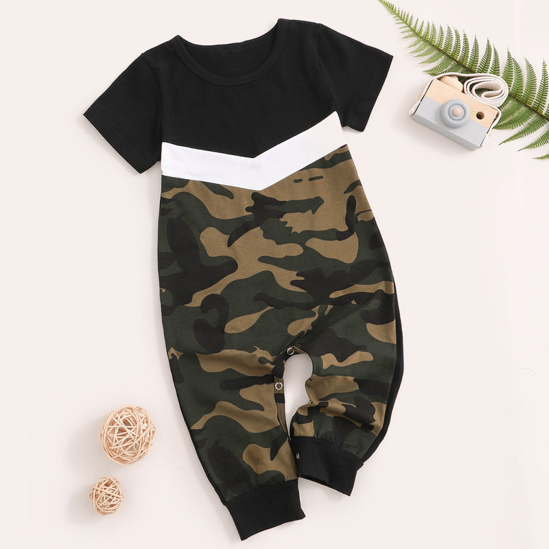 Baby Boys Short Sleeve Solid Color Camouflage Patchwork Jumpsuit - PrettyKid