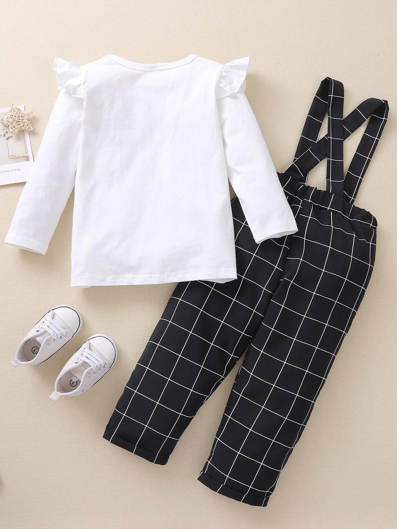 Toddler Kids Boys Girls Letter Printed White Top Plaid Strap Pants Set - PrettyKid