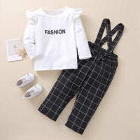 Toddler Kids Boys Girls Letter Printed White Top Plaid Strap Pants Set - PrettyKid