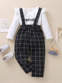 Toddler Kids Boys Girls Letter Printed White Top Plaid Strap Pants Set - PrettyKid