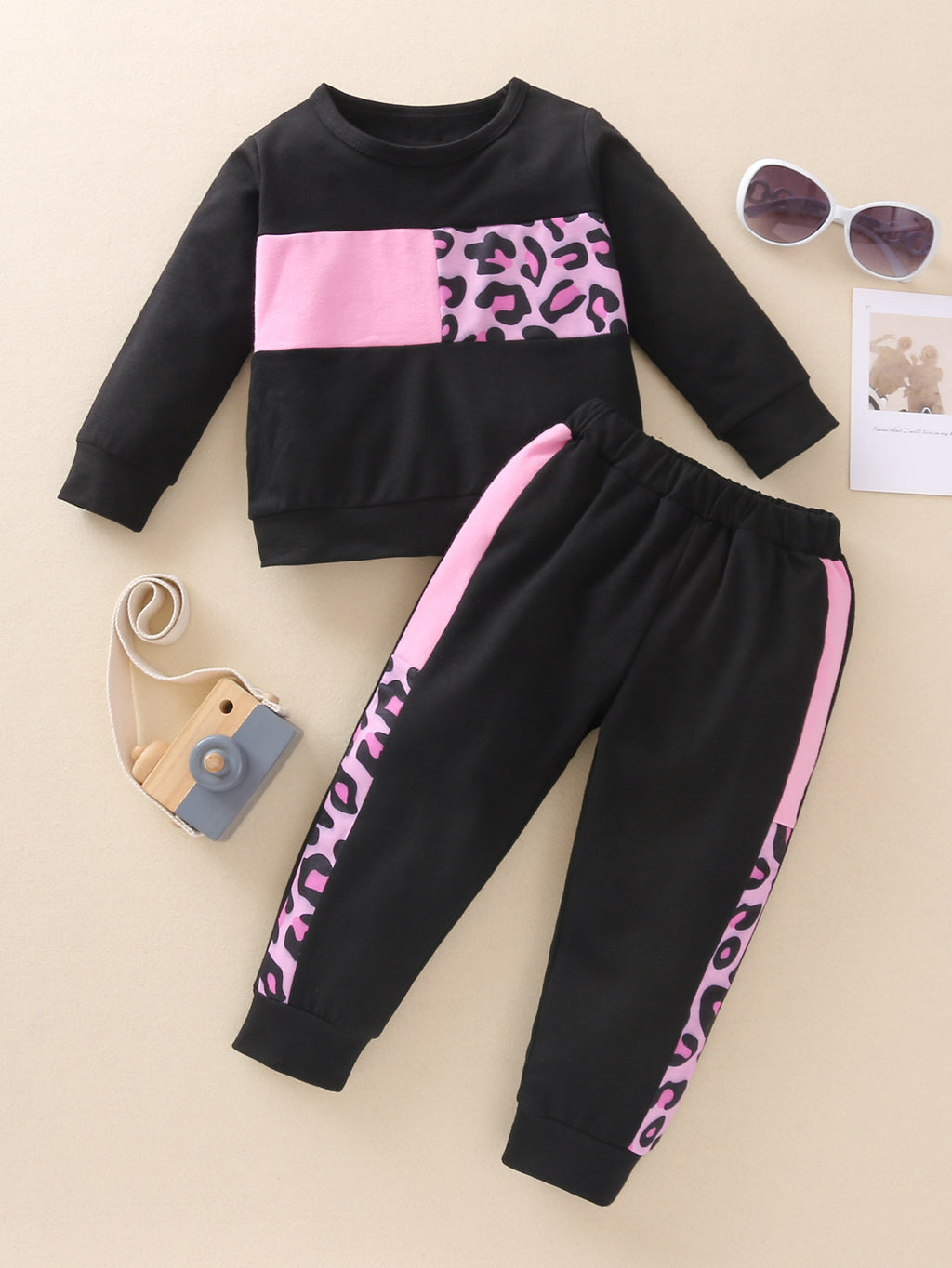 Toddler Girls Solid Leopard Stitched Long Sleeve Set - PrettyKid