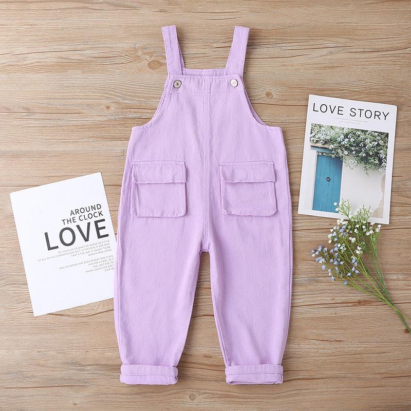 Toddler Kids Girls Solid Pocket Denim Strap Pants Children's Apparel Wholesale - PrettyKid