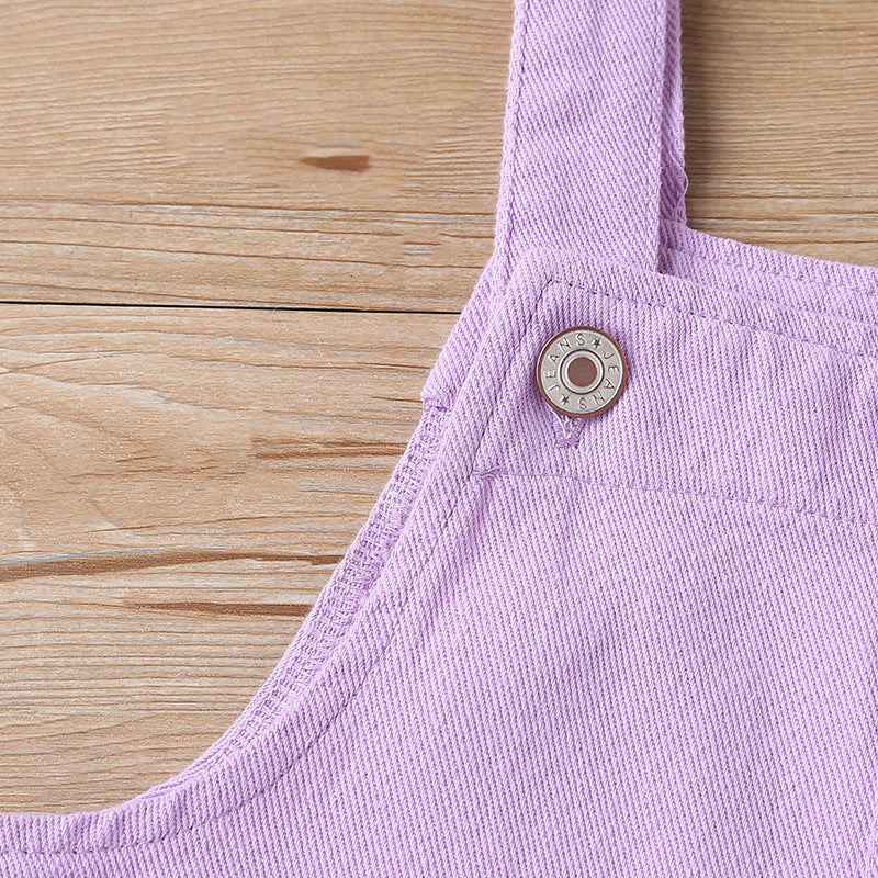 Toddler Kids Girls Solid Pocket Denim Strap Pants Children's Apparel Wholesale - PrettyKid
