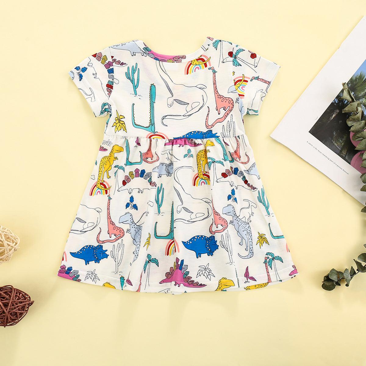 Summer toddler kids girls' cartoon printed Short Sleeve Dress - PrettyKid