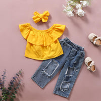 Children's boutique suppliers toddler girl's solid color shoulder lotus leaf lace shirt with hole denim trousers suit - PrettyKid