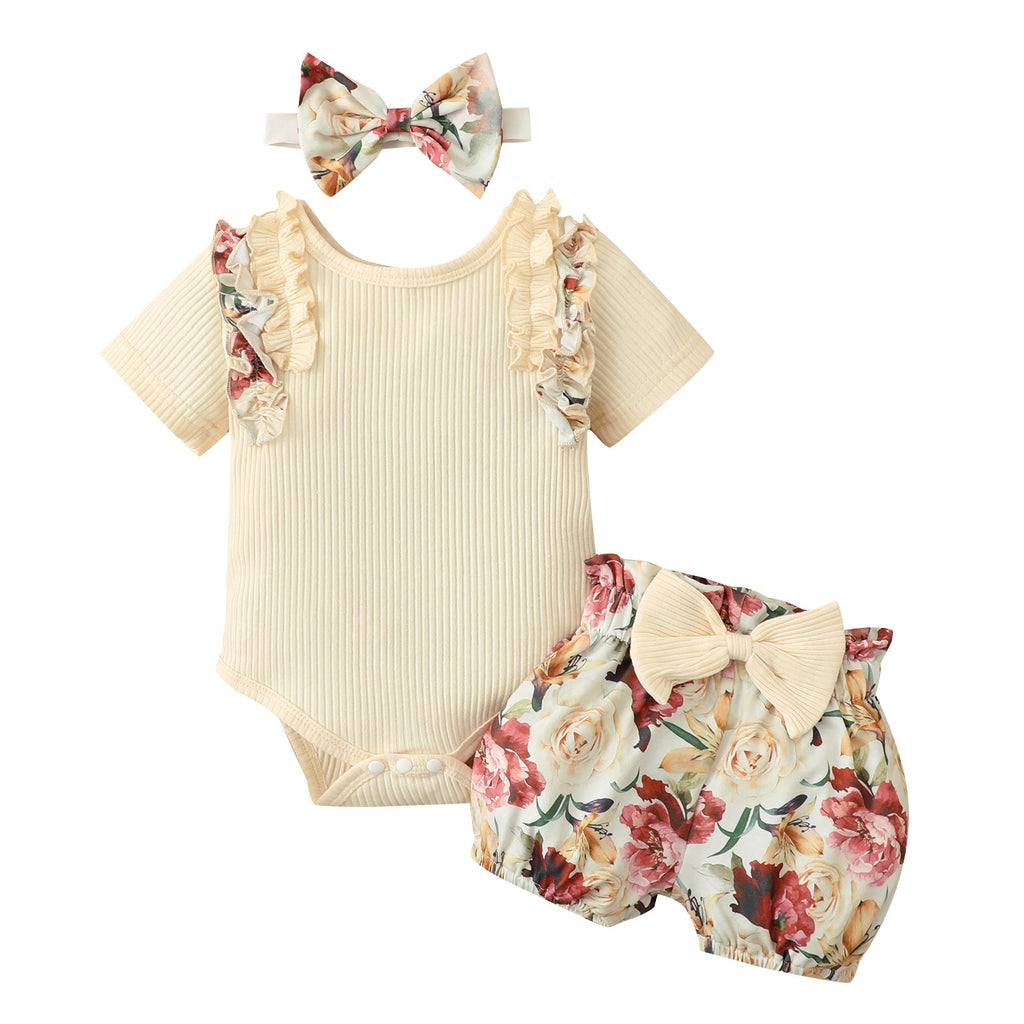0-12M Short Sleeve Printed Fungus Edge Panel Jumpsuit Set Headband Wholesale Baby Clothes - PrettyKid