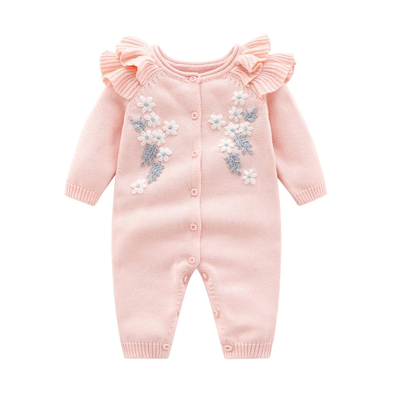 Baby Girls Cute Floral Embroidery Solid Color Long Sleeve Knitted Jumpsuit - PrettyKid