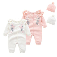 Baby Girls Cute Floral Embroidery Solid Color Long Sleeve Knitted Jumpsuit - PrettyKid