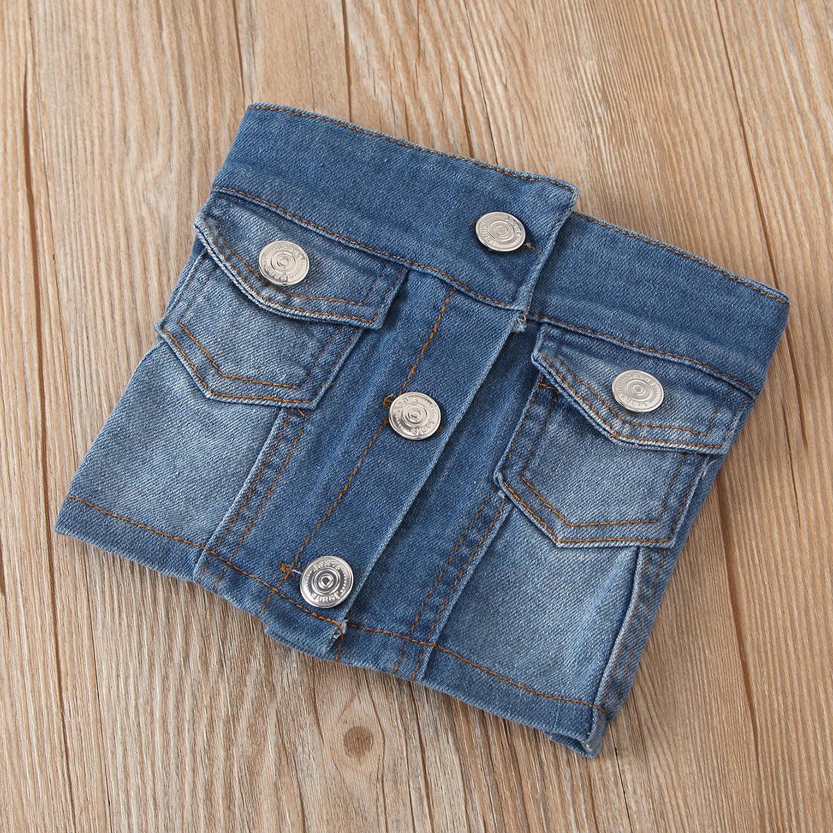 Toddler Kids Girls Short Sleeve T-shirt Skirt Denim Waist Cover Set Bulk Childrens Clothing - PrettyKid