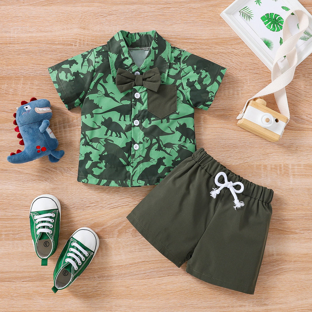 12M-4Y Toddler Boys Clothing Sets Dinosaur Print Bowtie Shirts & Shorts Wholesale Boy Boutique Clothes - PrettyKid