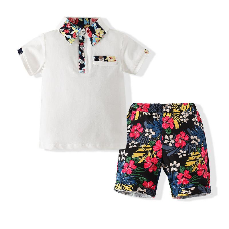 Short-Sleeved Polo Shirt Floral Casual Pants Two-Piece Set - PrettyKid