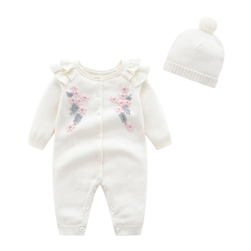 Baby Girls Cute Floral Embroidery Solid Color Long Sleeve Knitted Jumpsuit - PrettyKid