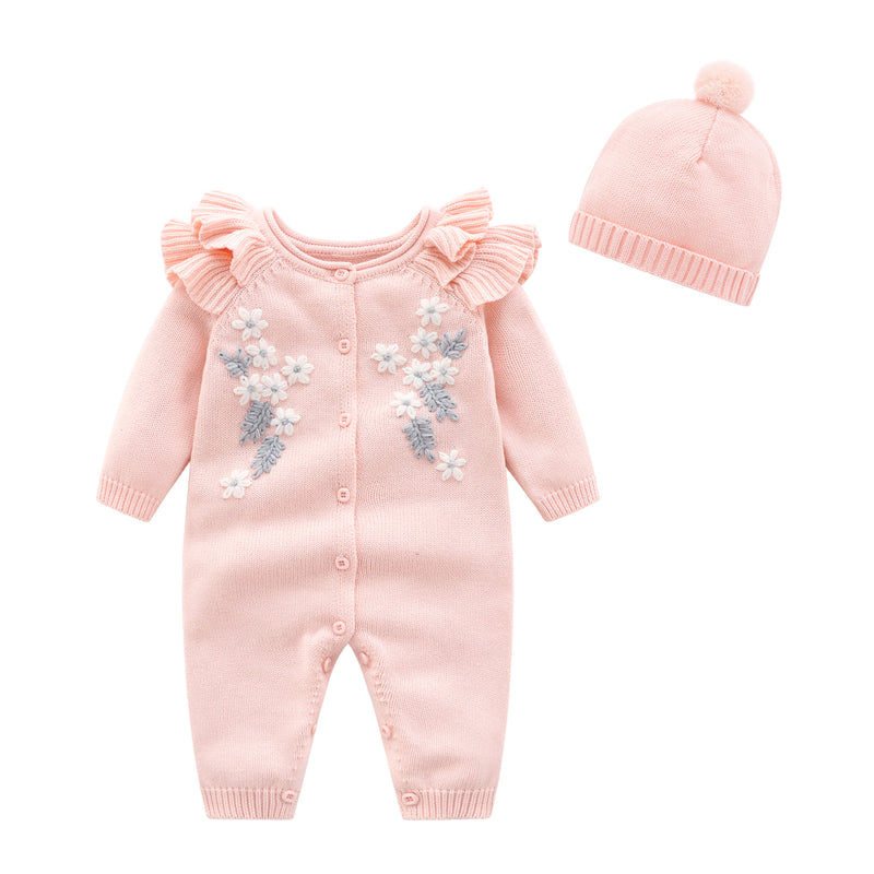 Baby Girls Cute Floral Embroidery Solid Color Long Sleeve Knitted Jumpsuit - PrettyKid