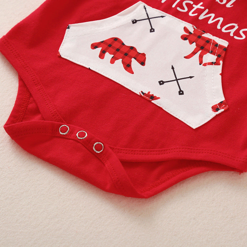 Baby Boys Letter Hooded Jumpsuit Cartoon Printed Pants Christmas Hooded Set - PrettyKid